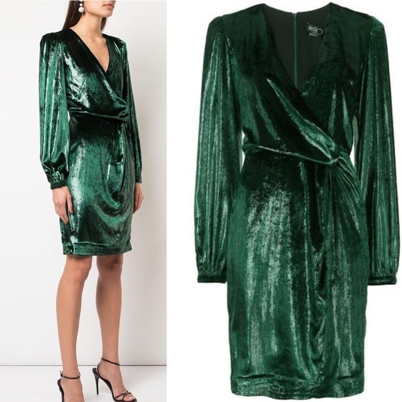 PatBO Liquid Velvet V-Neck Mini Dress Green Metallic - Picture 1 of 10